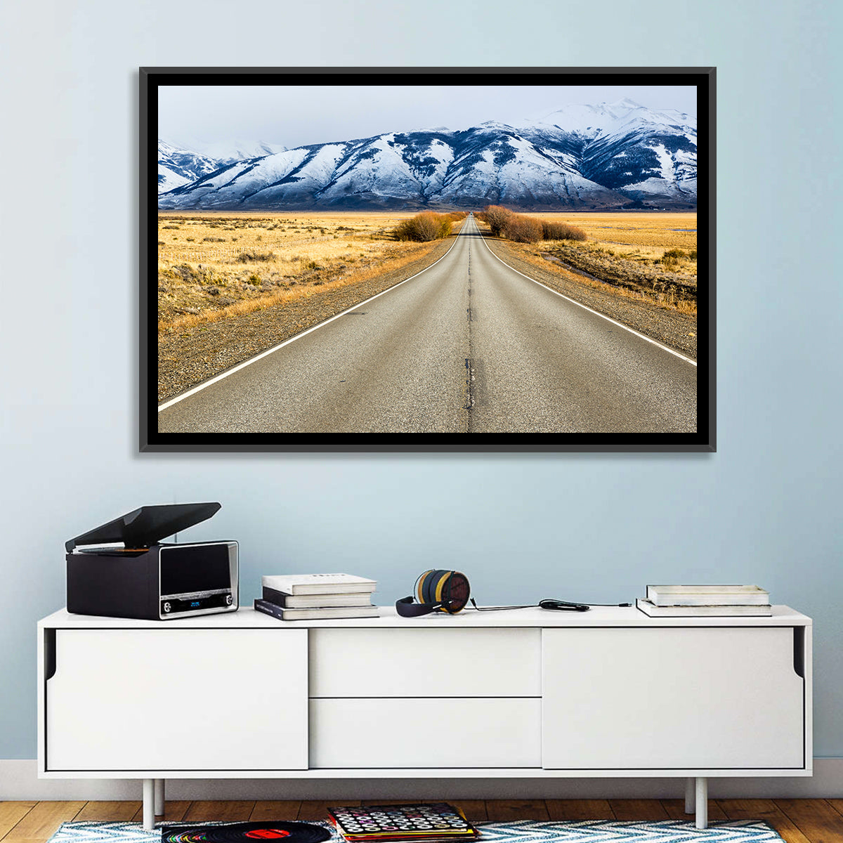 El Calafate Road with Snow Peaks Wall Art in a room, landscape
