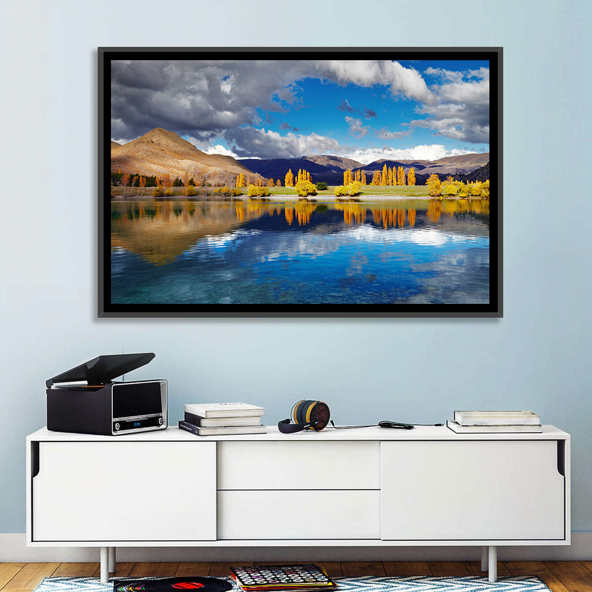 Lake Tekapo Autumn Reflection Wall Art in a room, landscape