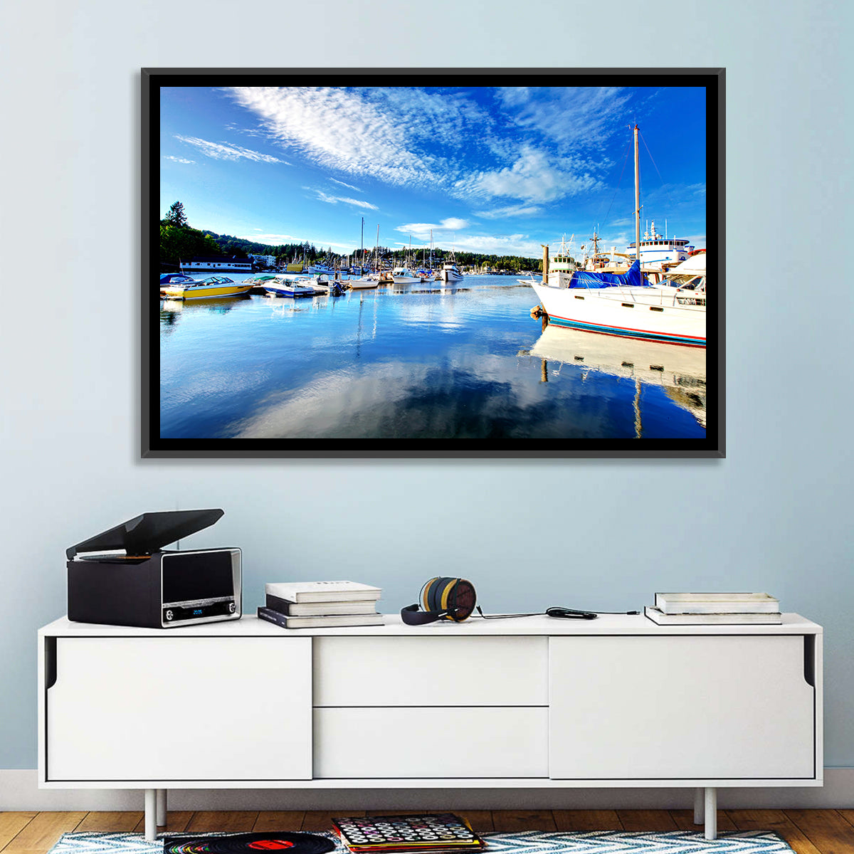 Tacoma Marina Reflections Wall Art in a room, landscape