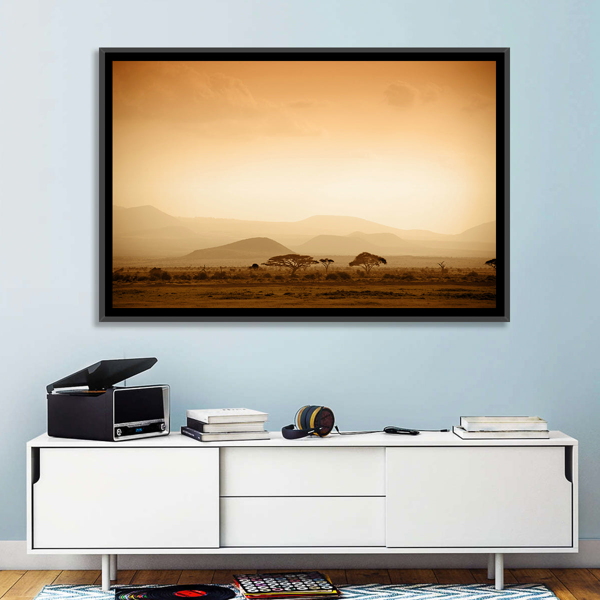 Hazy Savannah at Dawn Wall Art in a room, landscape