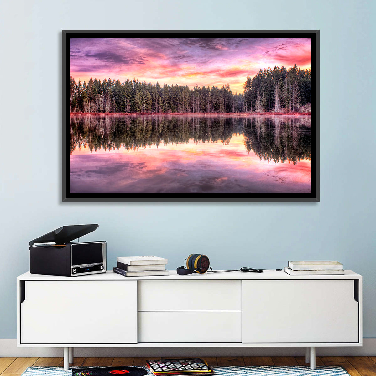 Sunrise Reflection at Forest Lake Wall Art in a room, landscape