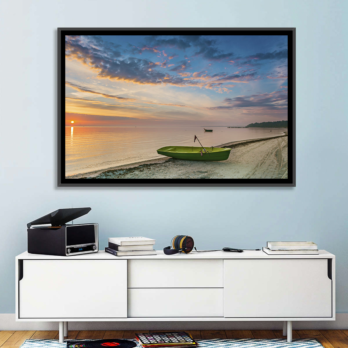 Green Rowboat at Sunrise Wall Art in a room, landscape
