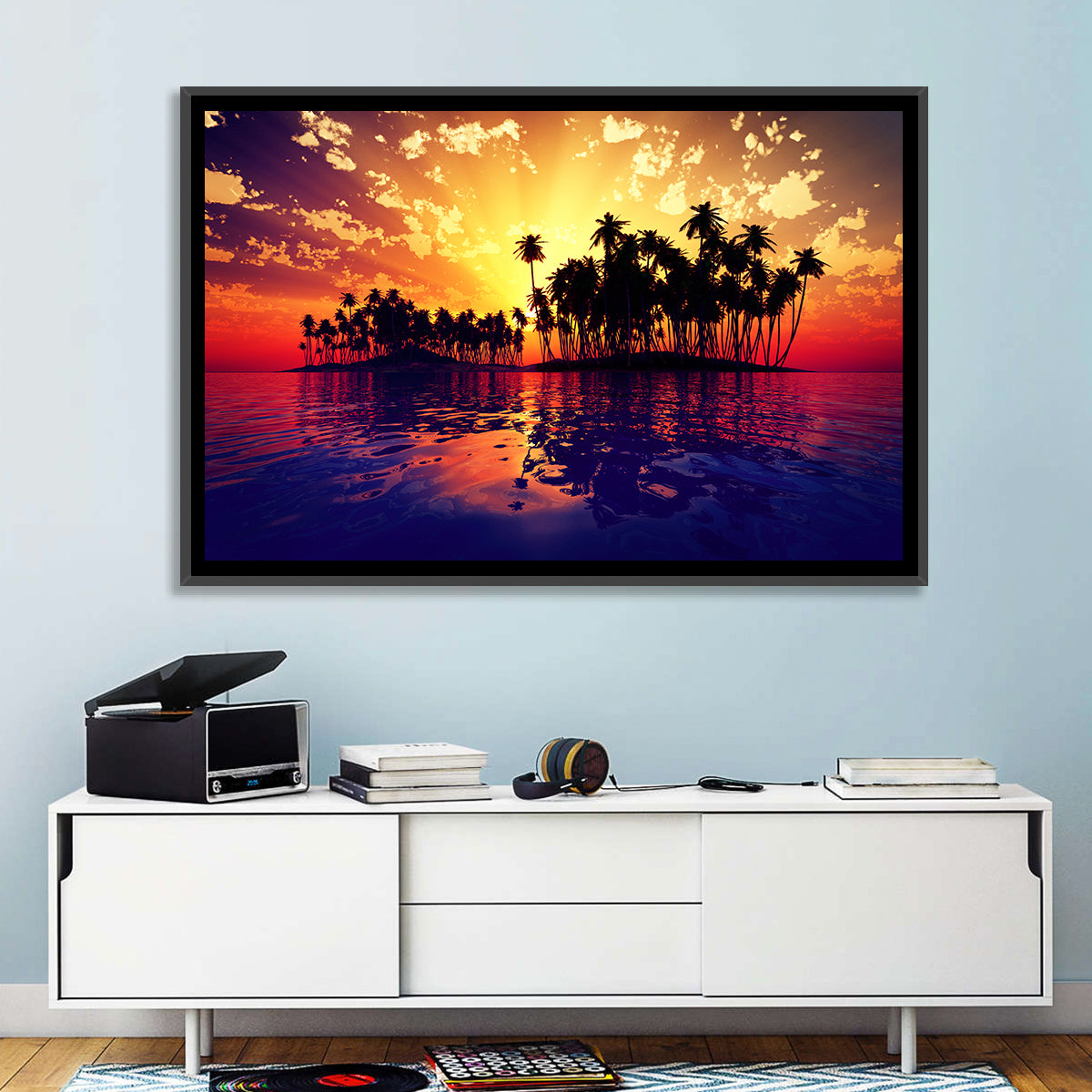 Coconut Island Sunset Wall Art in a room, landscape