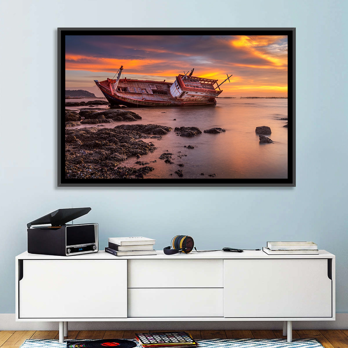 Shipwreck at Sunset Wall Art in a room, landscape
