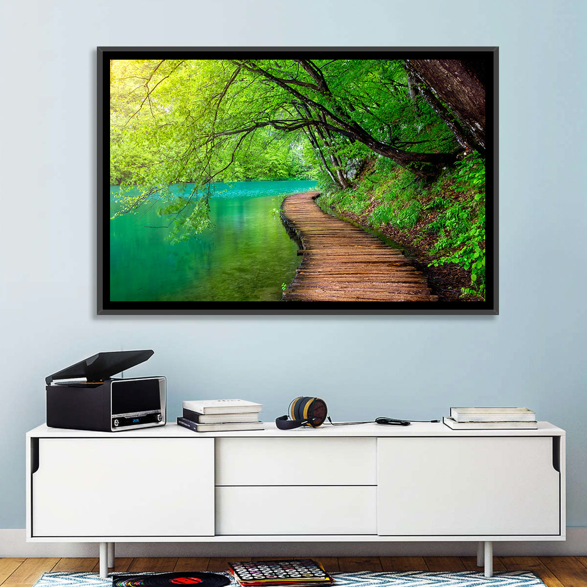 Plitvice Lakes Boardwalk Wall Art in a room, landscape