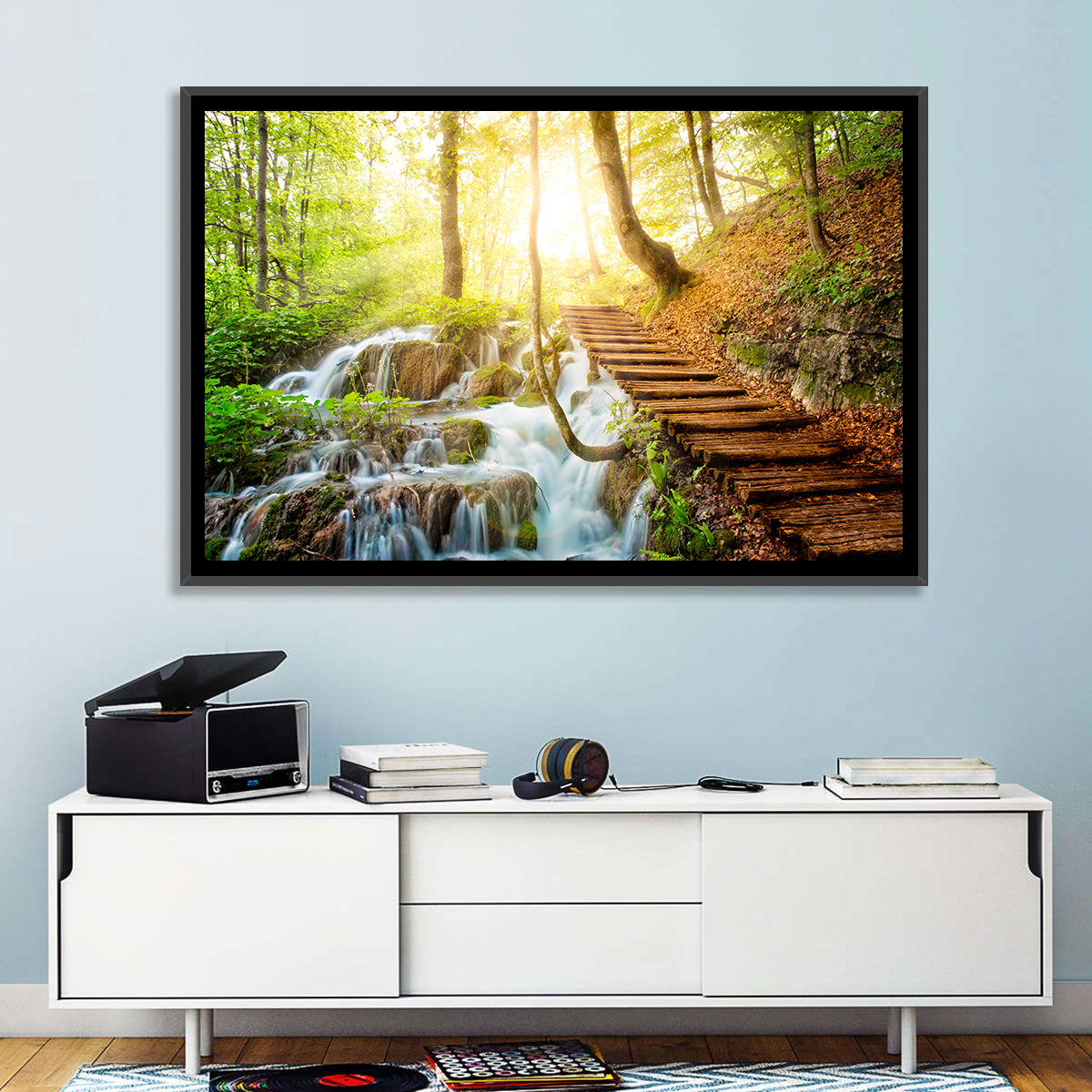 Plitvice Lakes Walkway Wall Art in a room, landscape