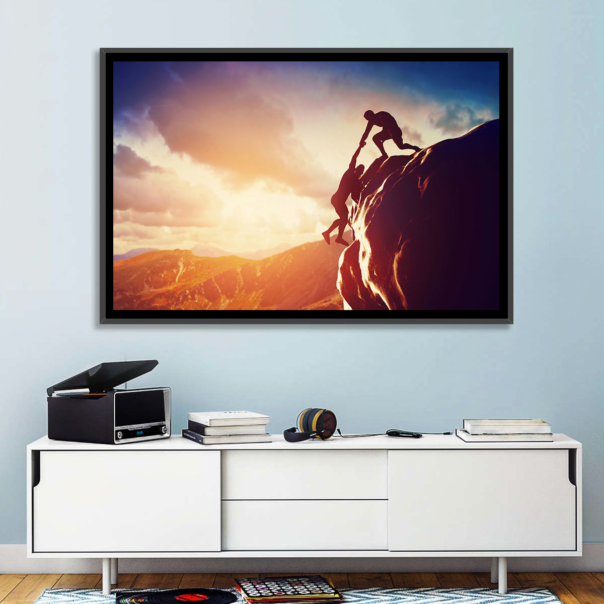 Two Hikers Summit Assist at Sunset Wall Art