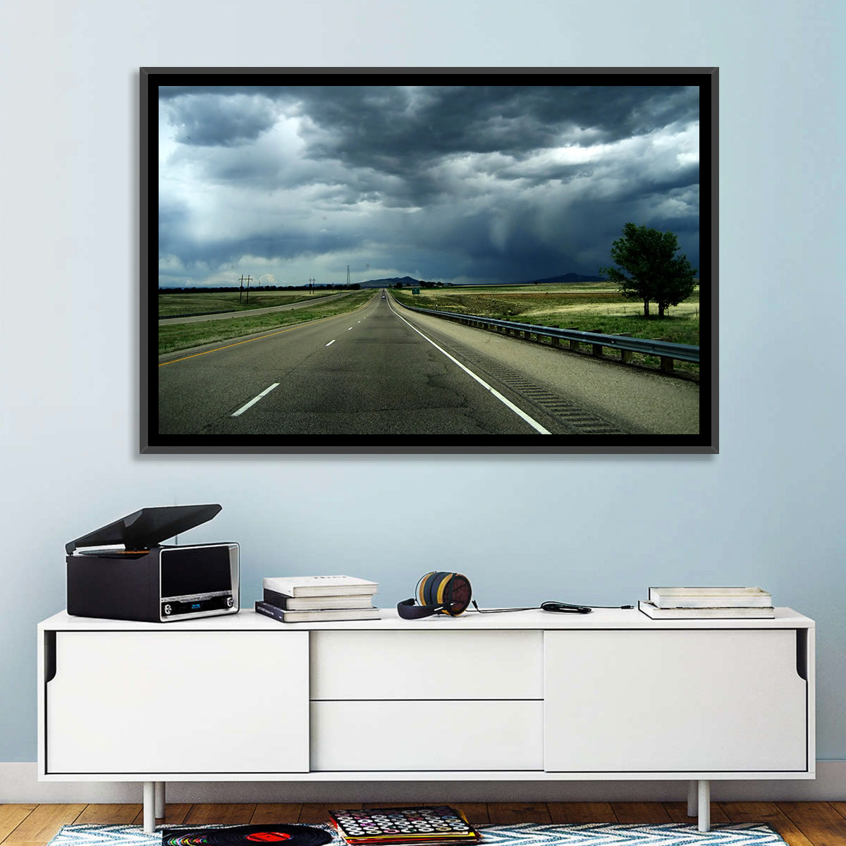 Stormy New Mexico Highway Wall Art in a room, landscape