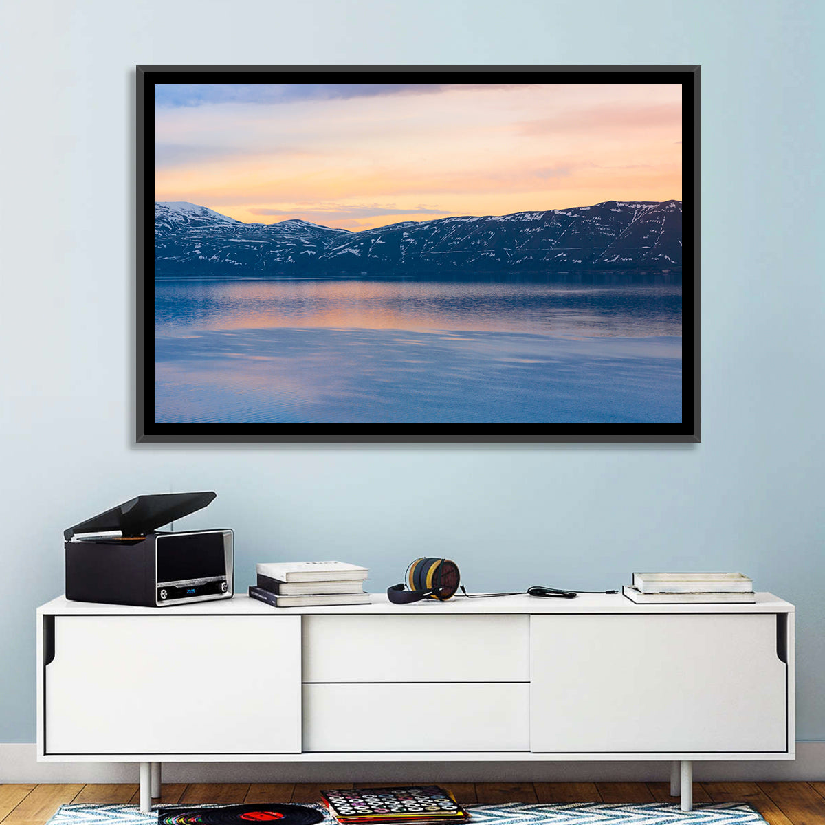 Lake Sevan Evening Reflection Wall Art in a room, landscape