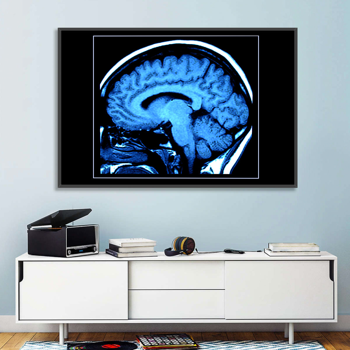 Sagittal Brain Mri Scan in Blue Wall Art in a room, landscape