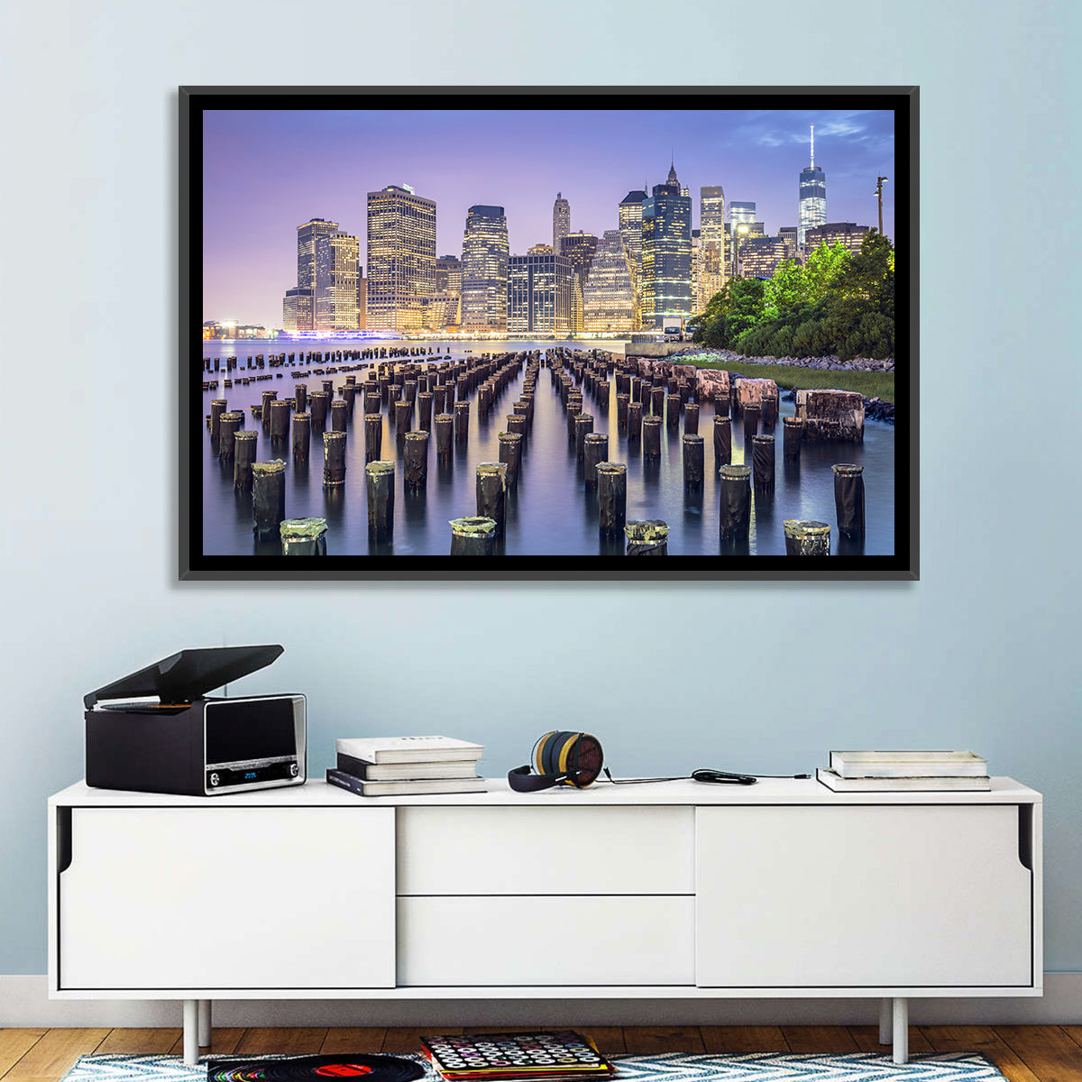 Manhattan Skyline at Twilight Wall Art in a room, landscape