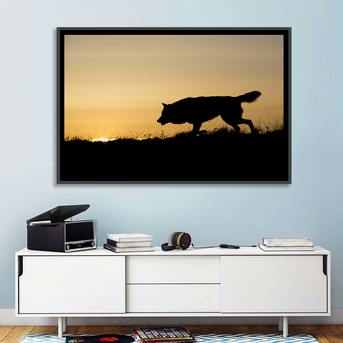 Wolf at Golden Horizon Wall Art in a room, landscape