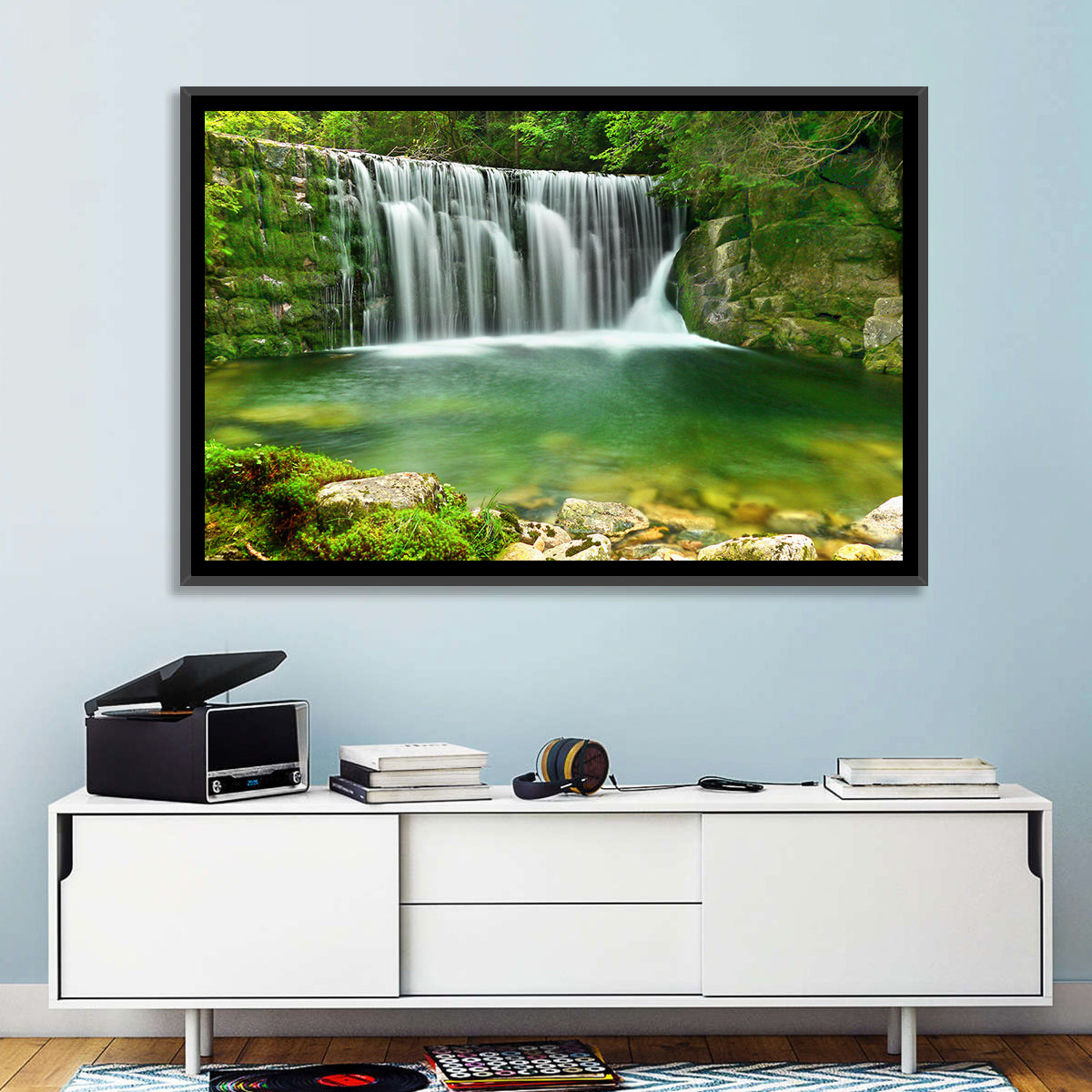 Emerald Lake Cascade Wall Art in a room, landscape