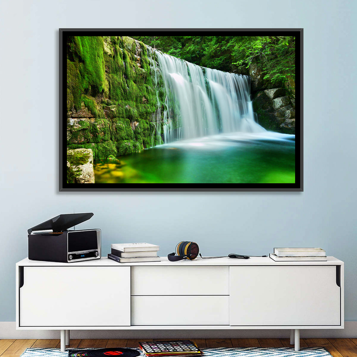 Emerald Lake Cascade Wall Art in a room, landscape