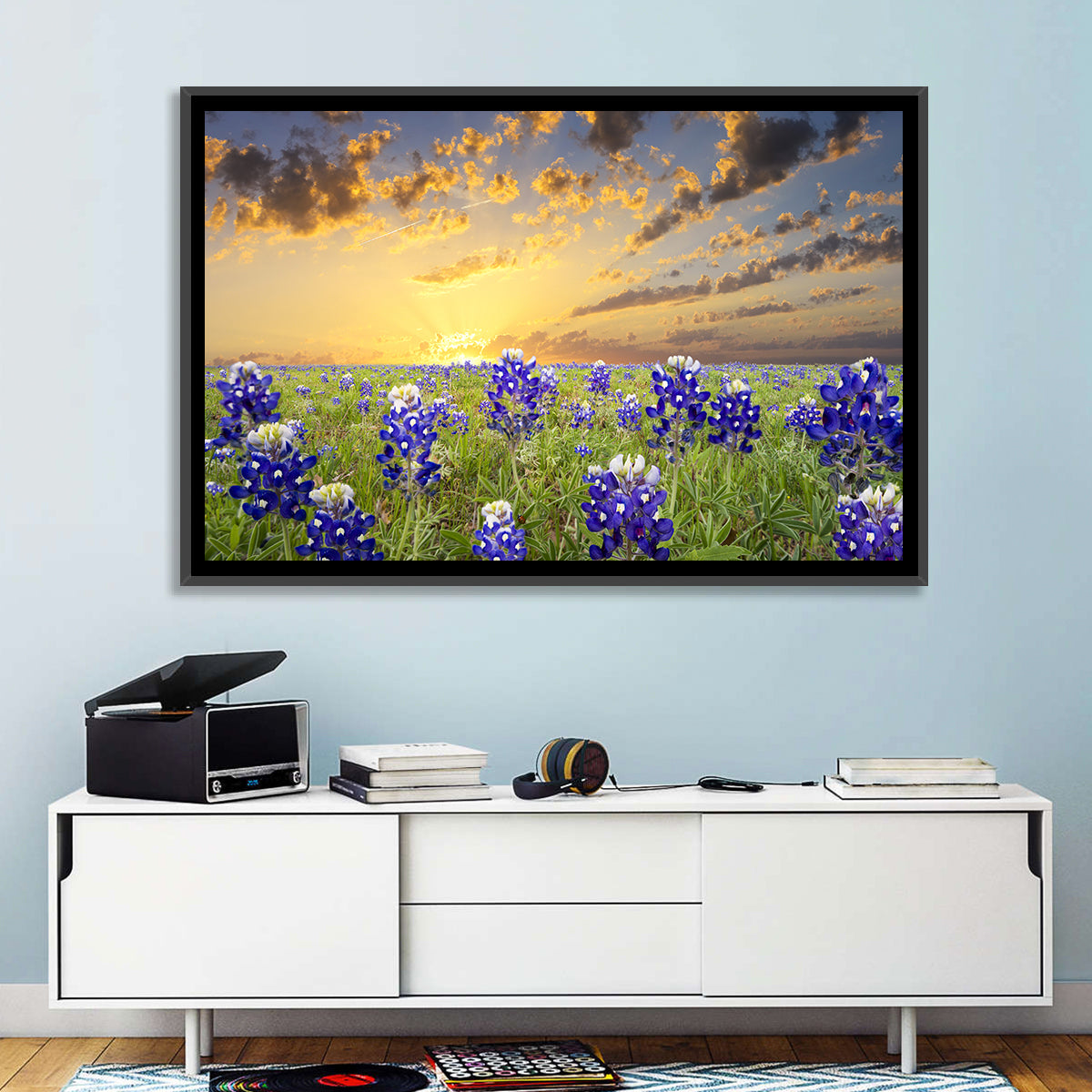 Bluebonnet Field at Sunset Wall Art in a room, landscape