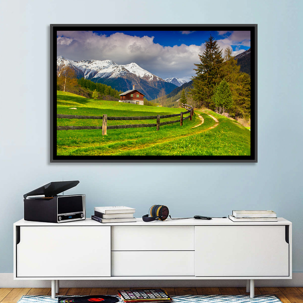 Alpine Meadow Cabin, Swiss Alps Wall Art in a room, landscape