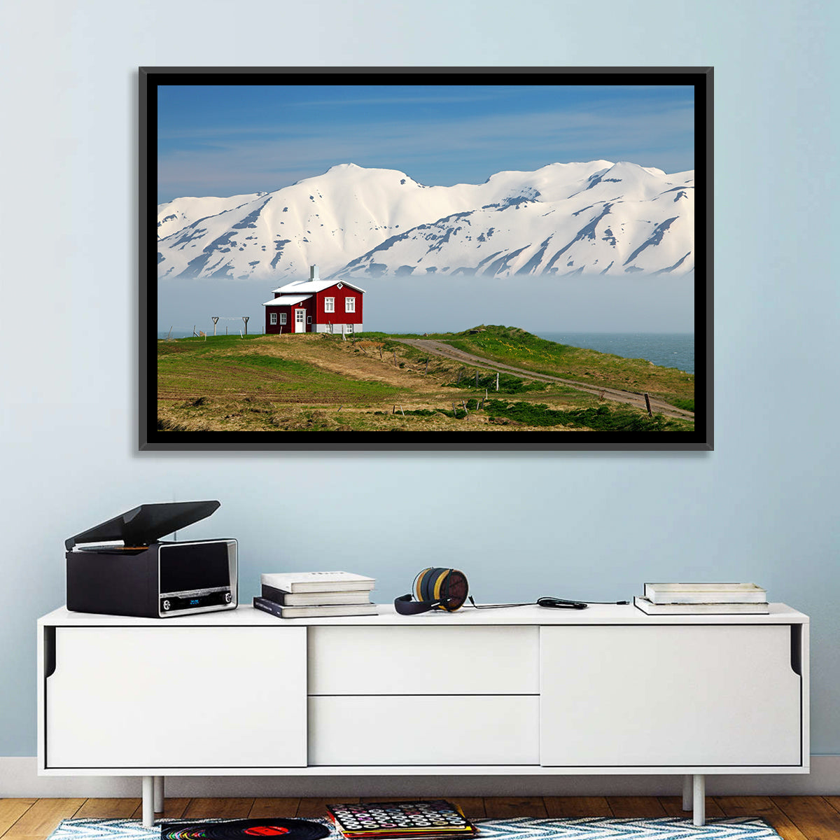 Red House by Fjord Wall Art in a room, landscape
