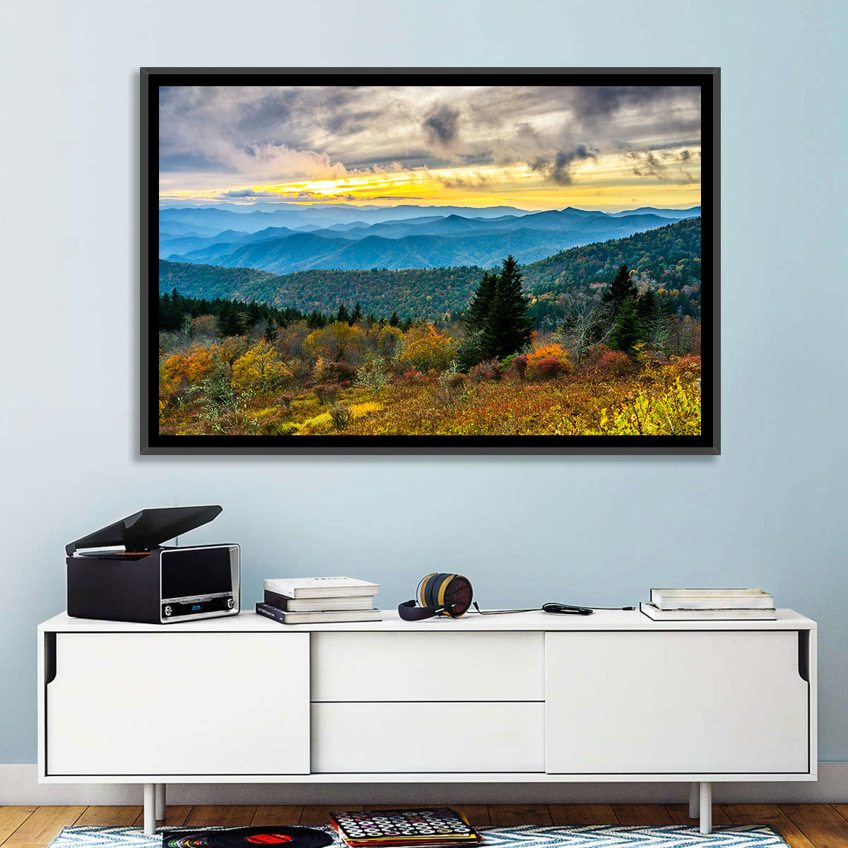 Cowee Mountains Sunset Wall Art in a room, landscape