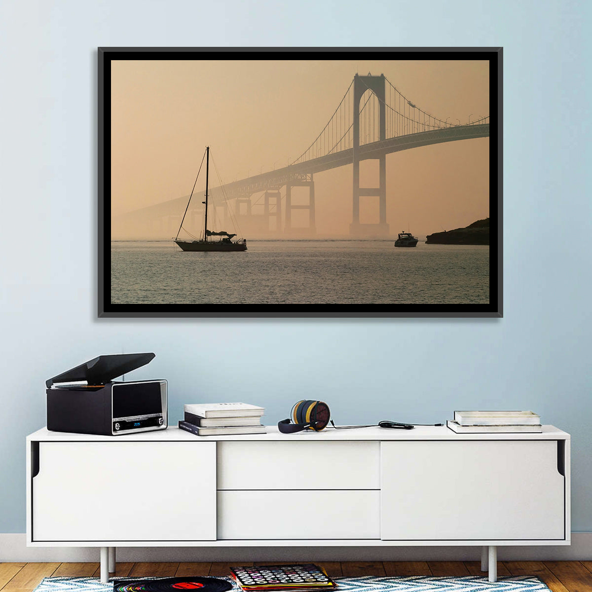 Newport Bridge in Golden Haze Wall Art in a room, landscape