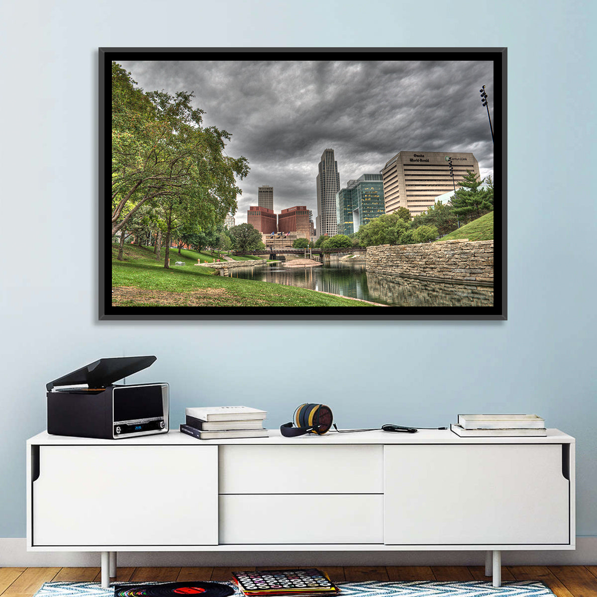 Omaha Skyline at Gene Leahy Mall Wall Art in a room, landscape