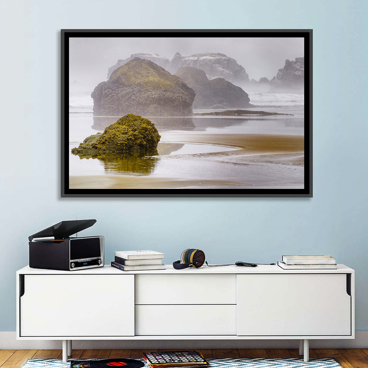 Misty Oregon Sea Stacks Wall Art in a room, landscape