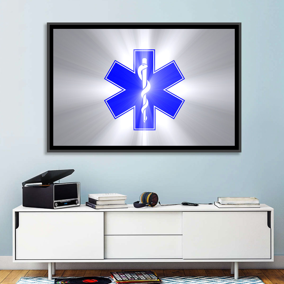 Star of Life with Rod of Asclepius Wall Art in a room, landscape