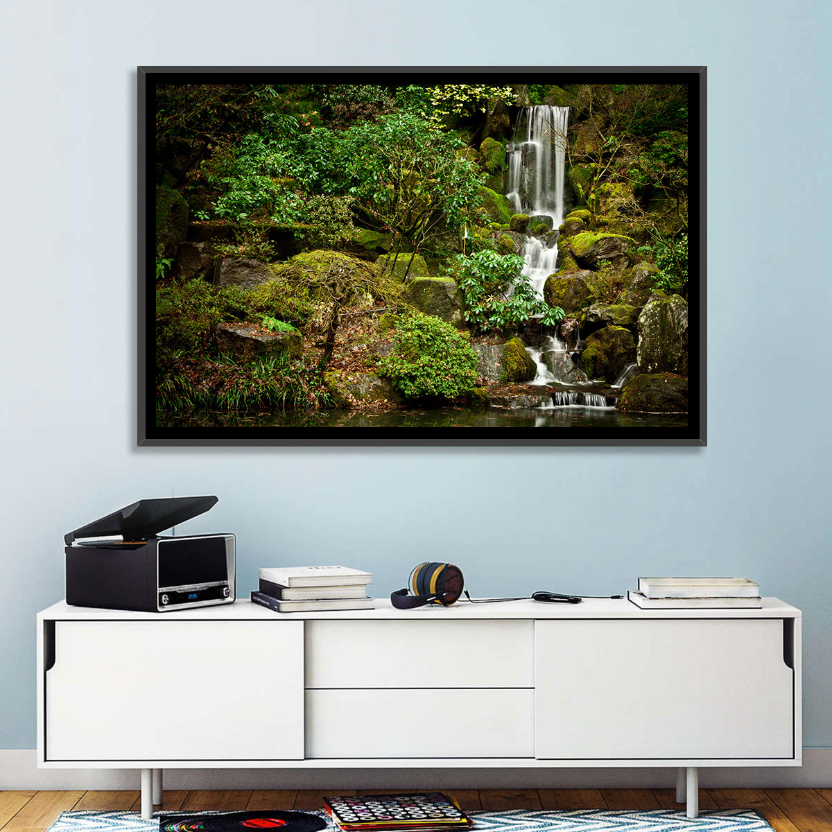 Secluded Mossy Waterfall Wall Art in a room, landscape