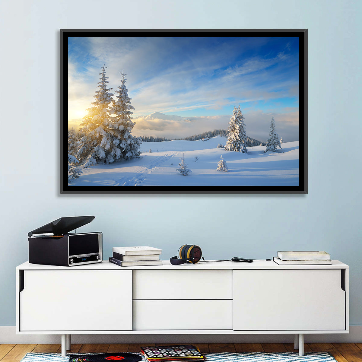 Carpathian Winter Sunrise Wall Art in a room, landscape