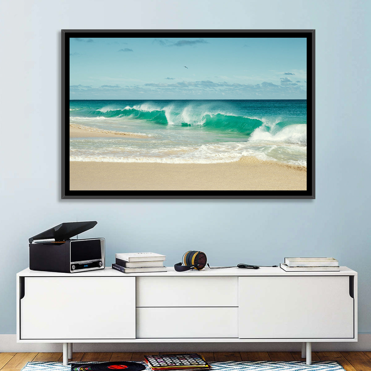 Turquoise Wave on Sandy Beach Wall Art in a room, landscape