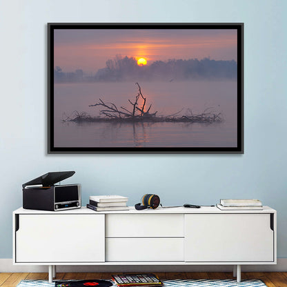 Misty Lake Sunrise with Fallen Tree Wall Art