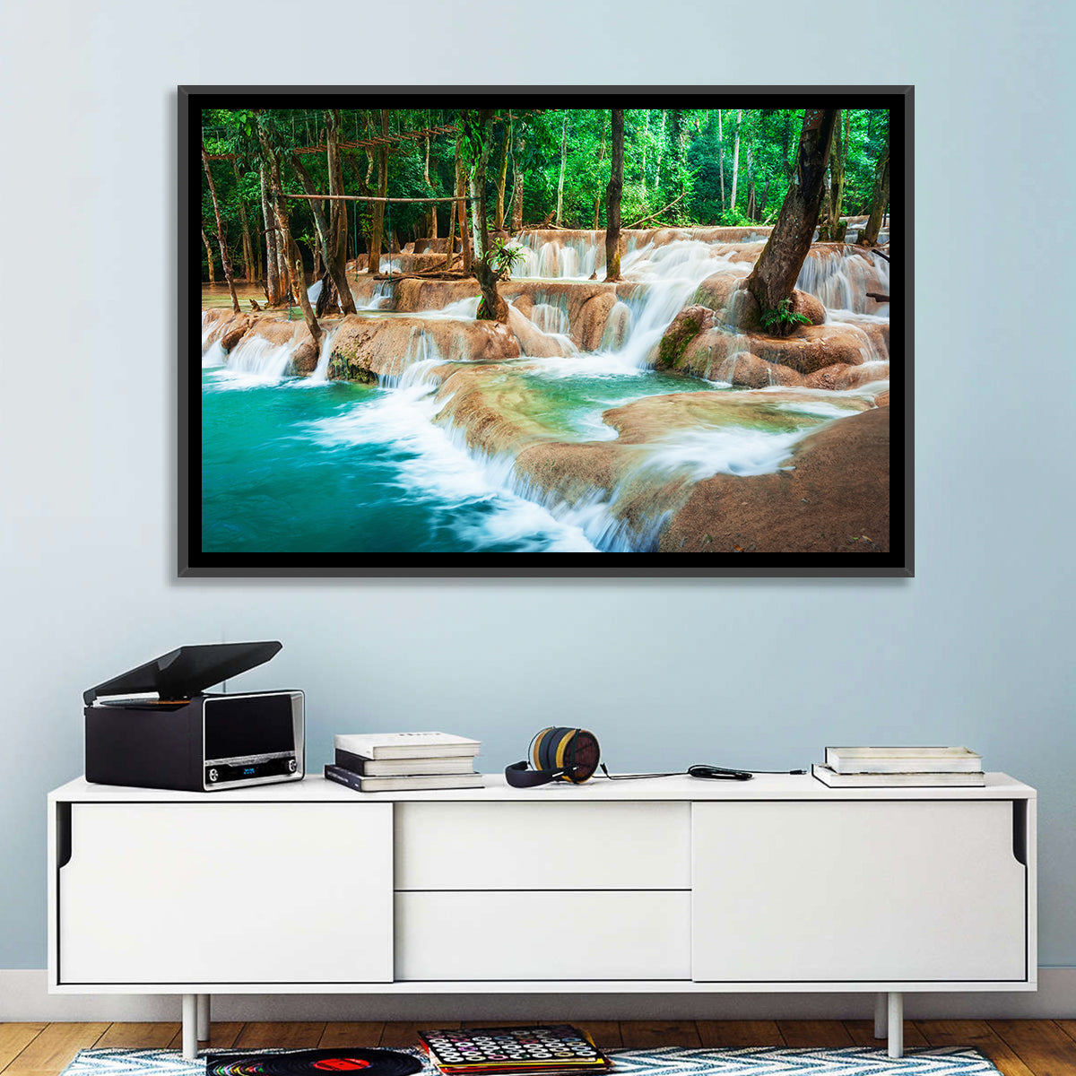 Kuang Si Waterfall Wall Art in a room, landscape