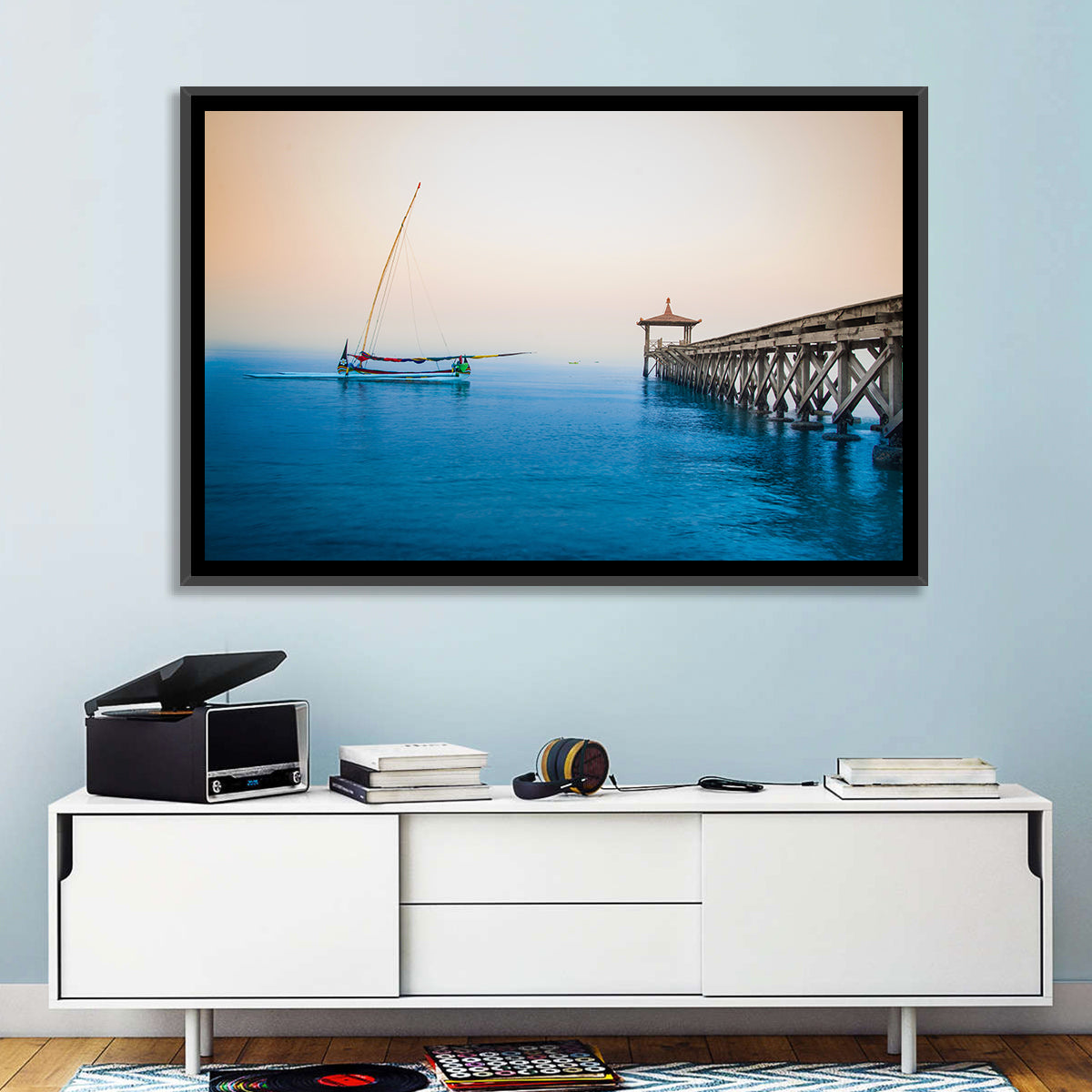 Outrigger Boat and Pier Wall Art in a room, landscape