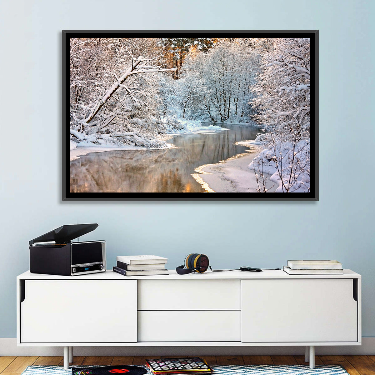 Snow-covered Stream at Golden Hour Wall Art in a room, landscape