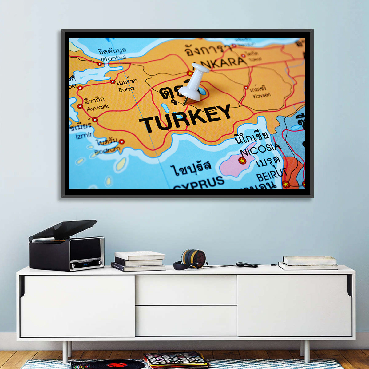 Turkey Map with Ankara Pin Wall Art in a room, landscape