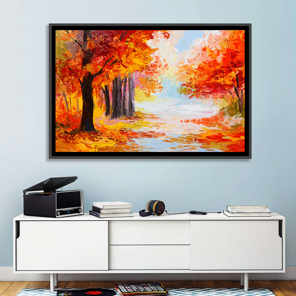 Autumn Forest Pathway Wall Art in a room, landscape