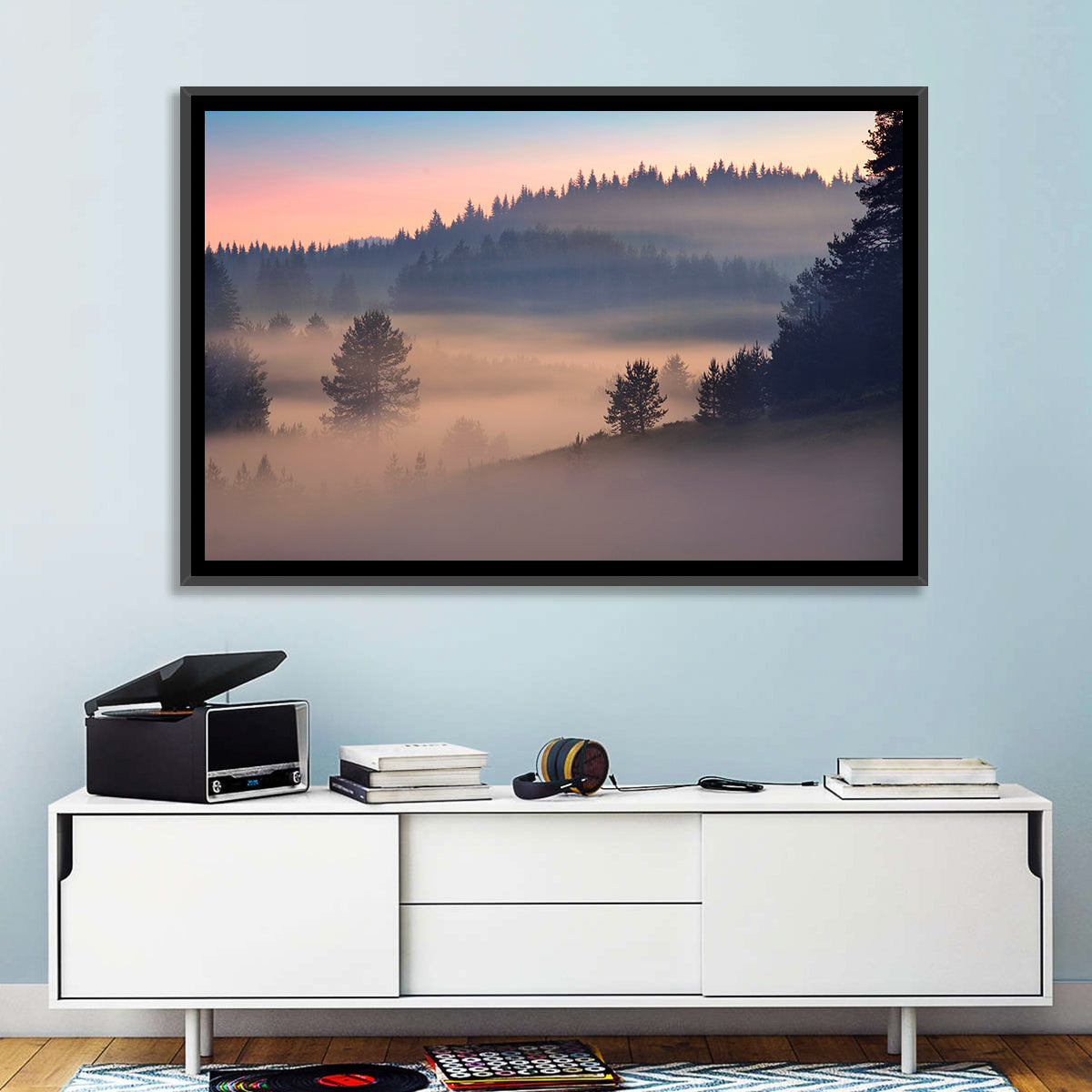 Misty Sunrise Forest Wall Art in a room, landscape