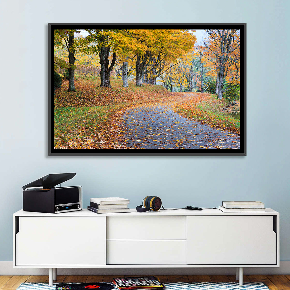 Autumn Road with Golden Canopy Wall Art in a room, landscape