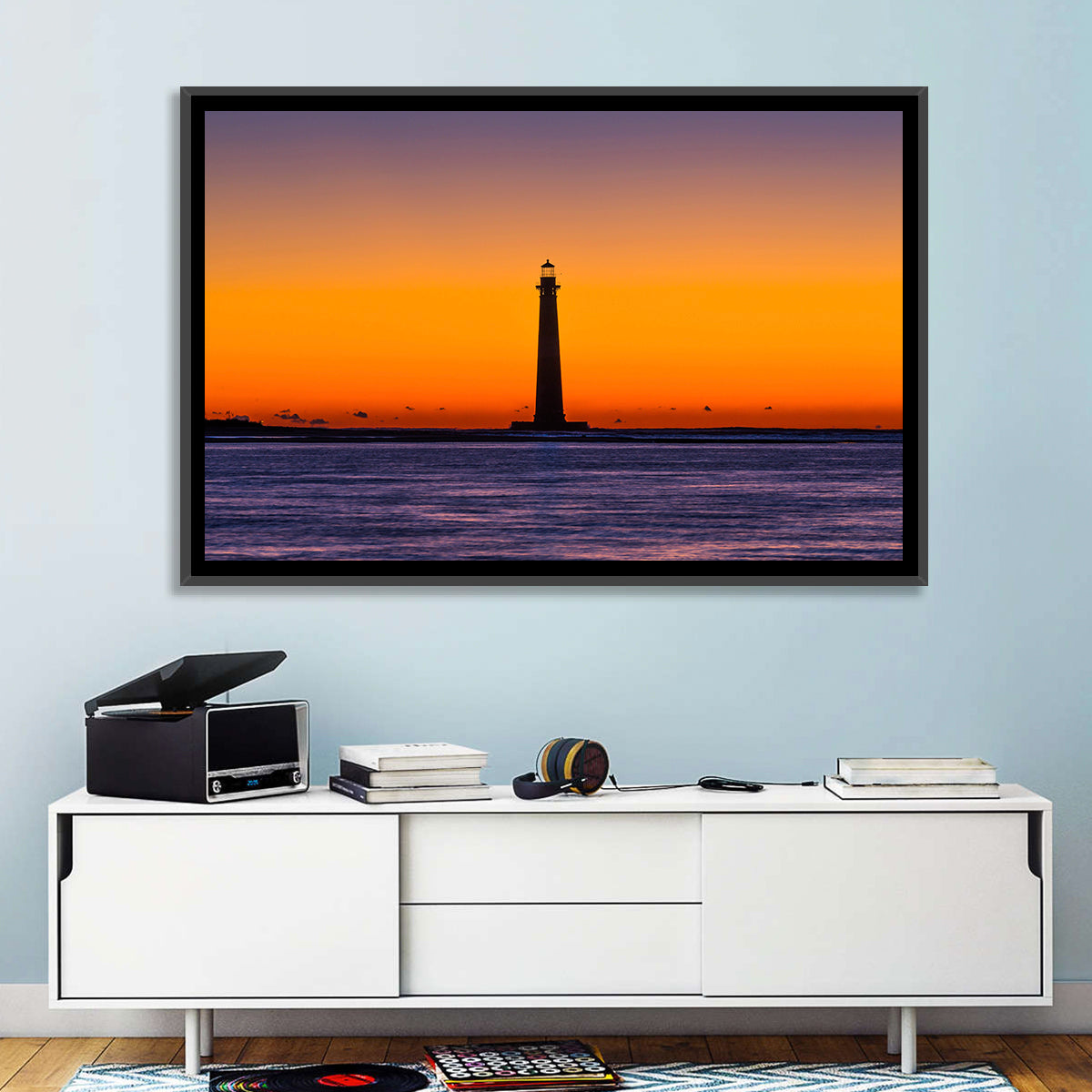 Minimalist Lighthouse Silhouette at Twilight Wall Art in a room, landscape