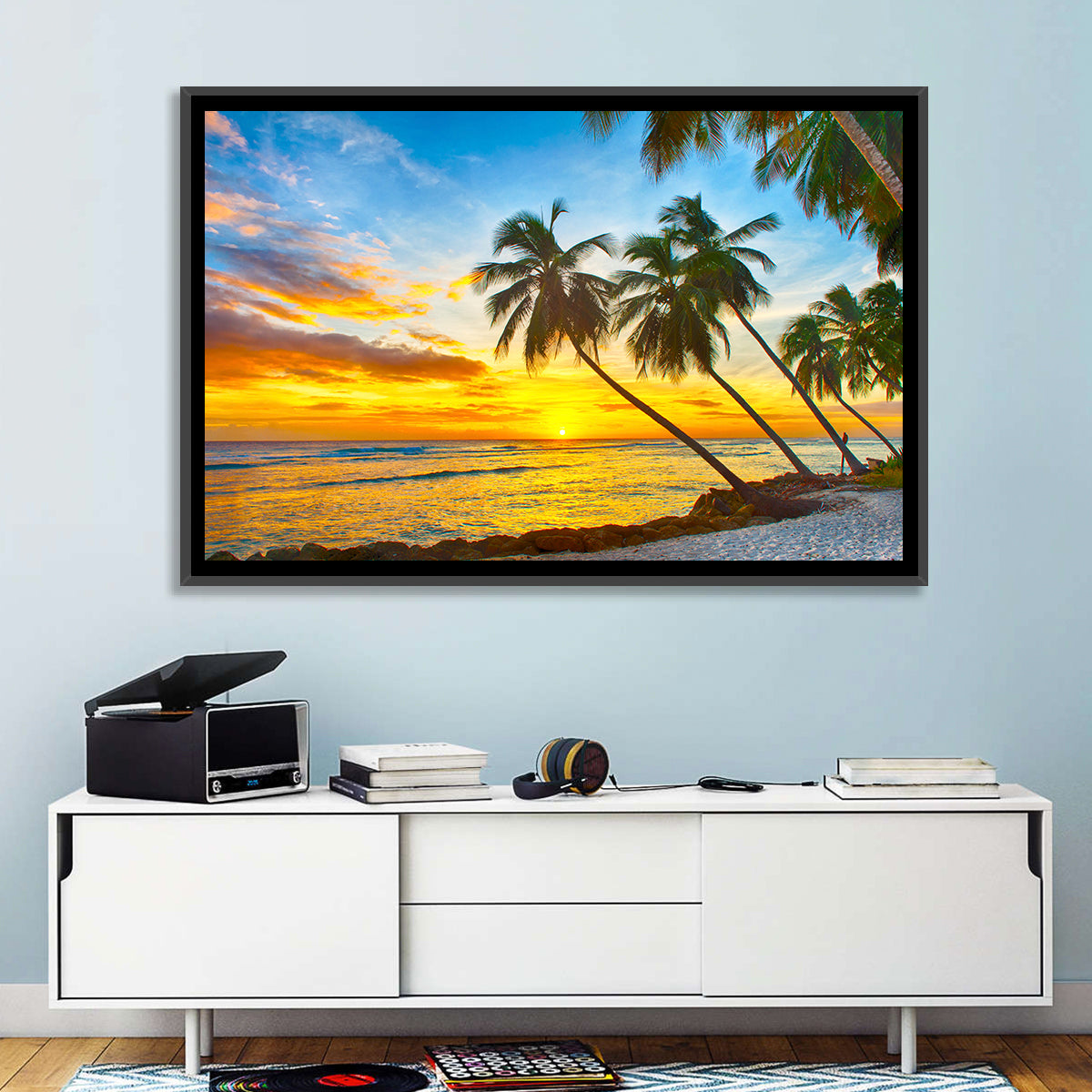 Palm Island Sunset Wall Art in a room, landscape
