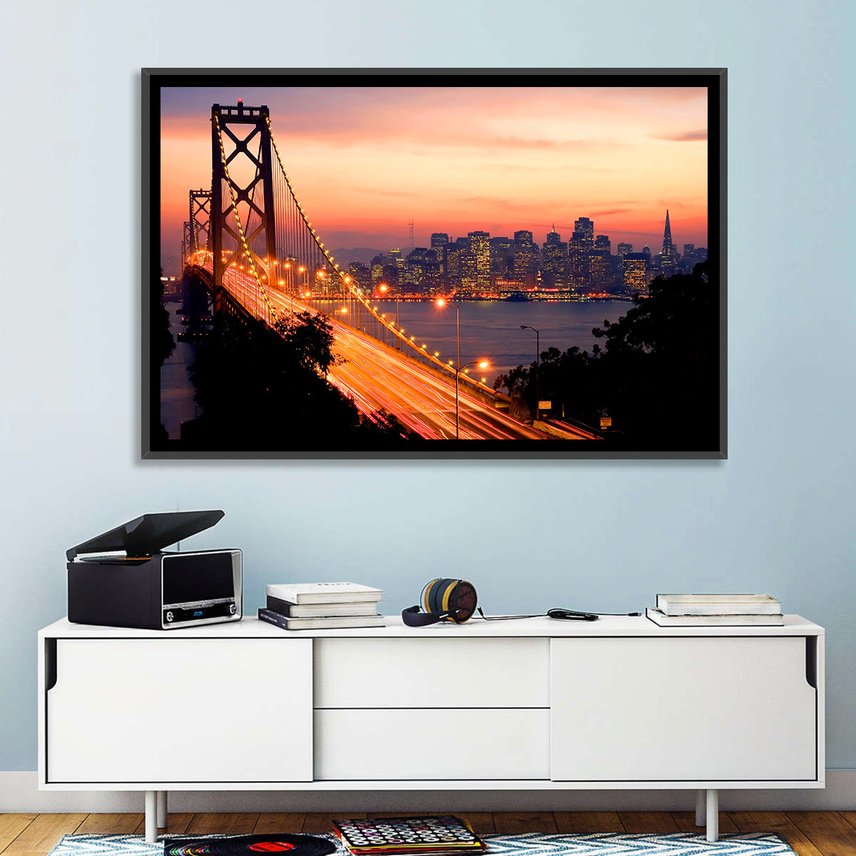 Bay Bridge Light Trails at Sunset Wall Art in a room, landscape