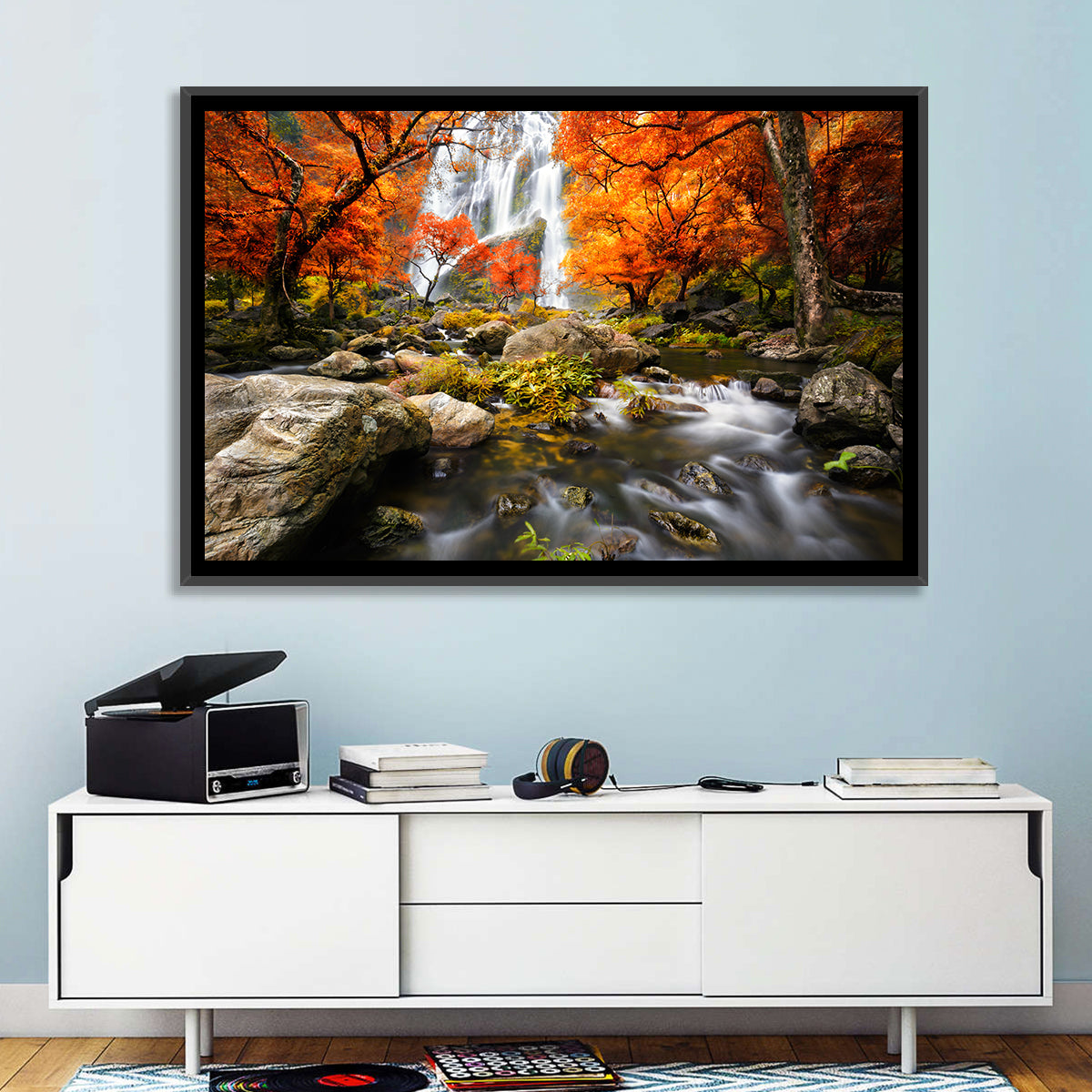 Autumn Forest Waterfall Wall Art in a room, landscape