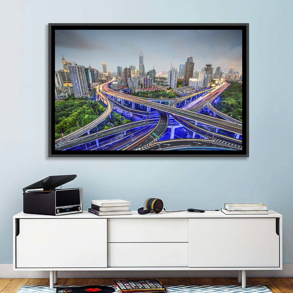 Shanghai Dusk Interchange Cityscape Wall Art in a room, landscape