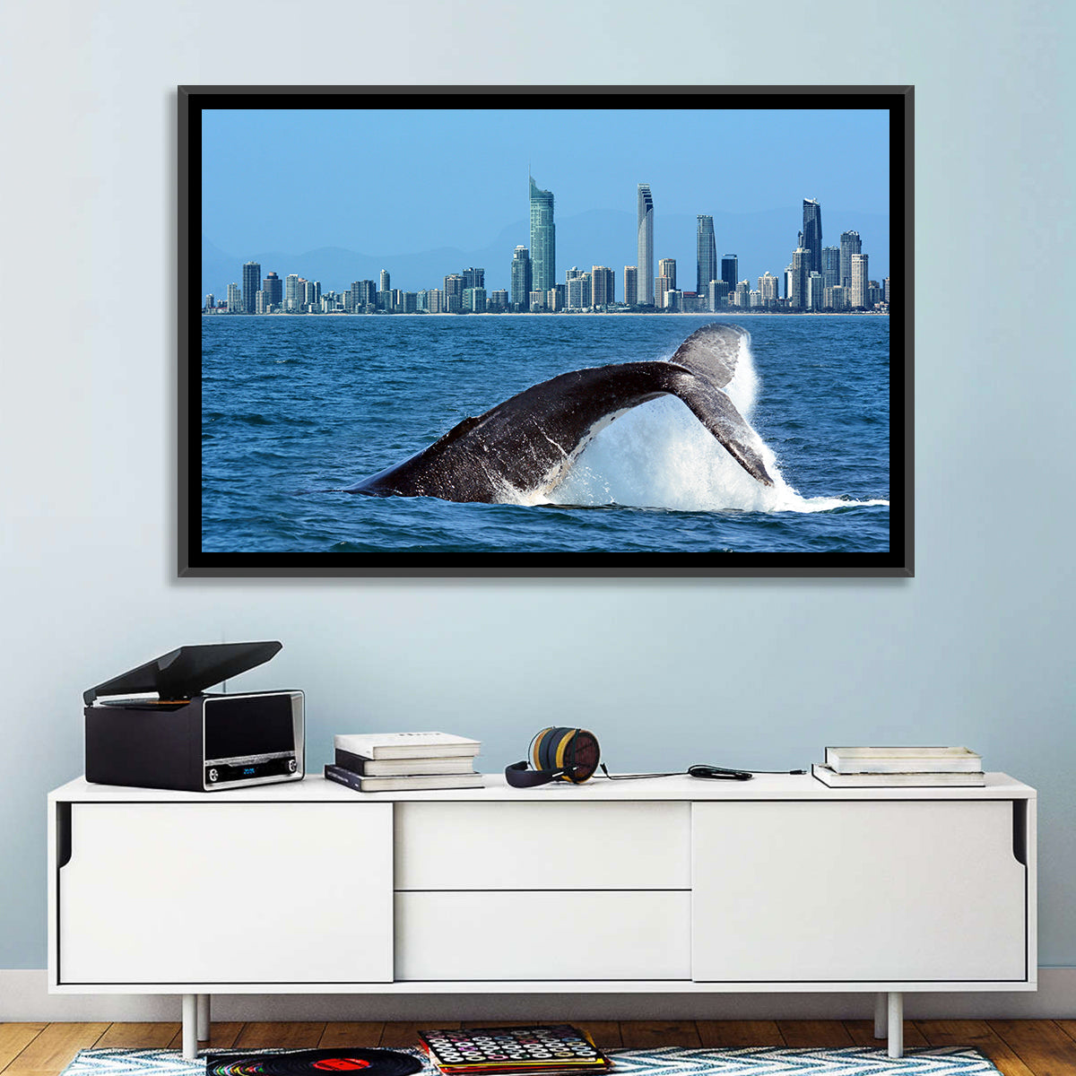 Gold Coast Whale and Skyline Wall Art in a room, landscape