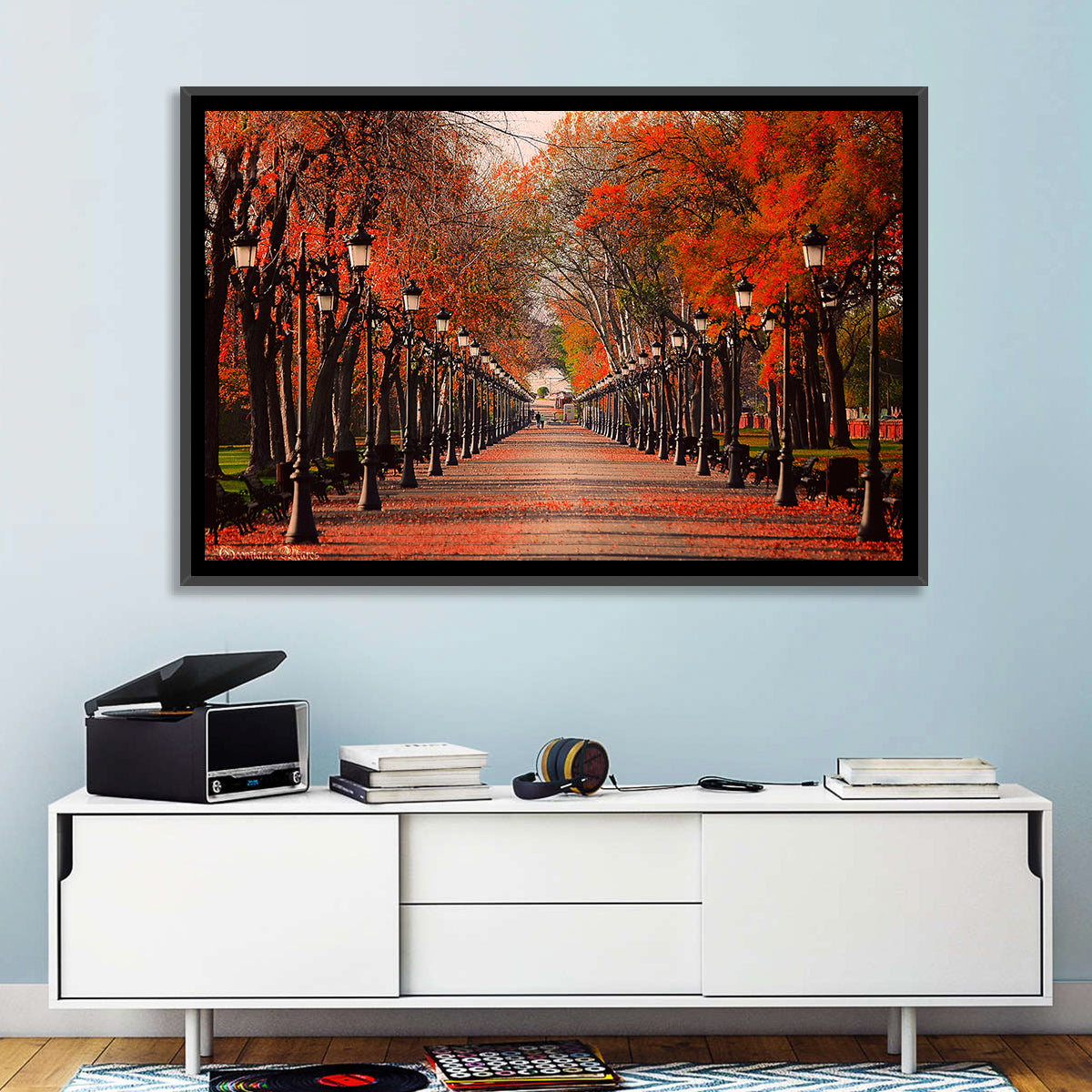 Autumn Park Path with Vintage Lampposts Wall Art in a room, landscape