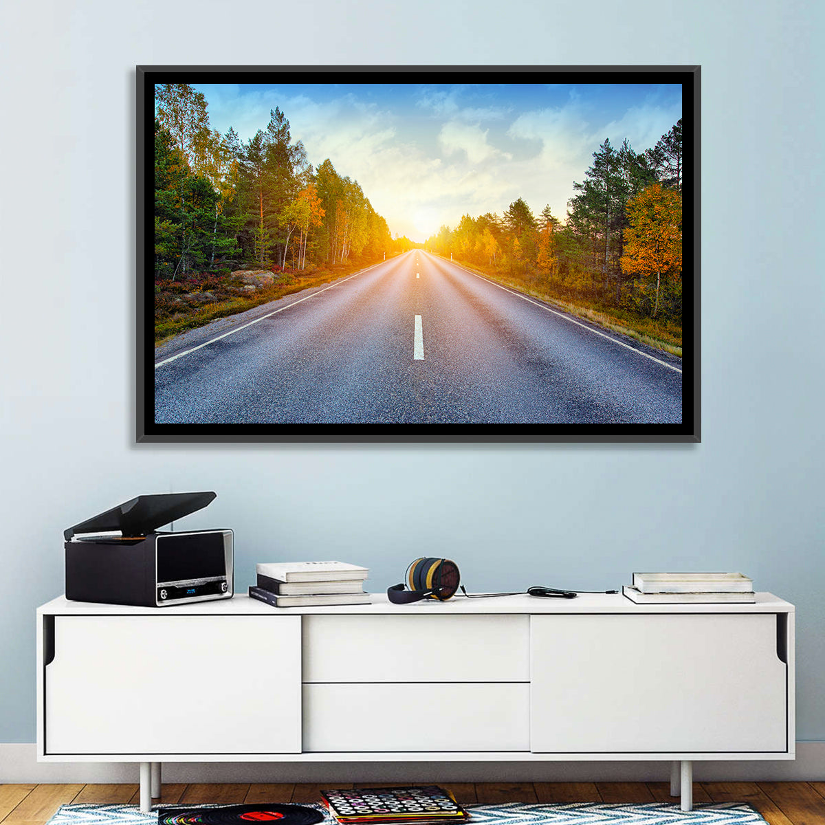 Sunlit Autumn Forest Road Wall Art