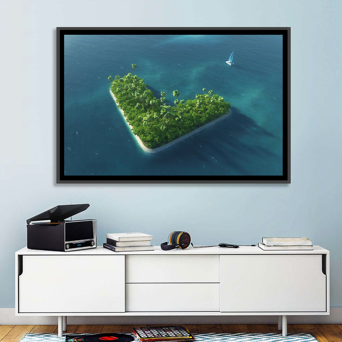 V-shaped Tropical Island with Distant Catamaran Wall Art