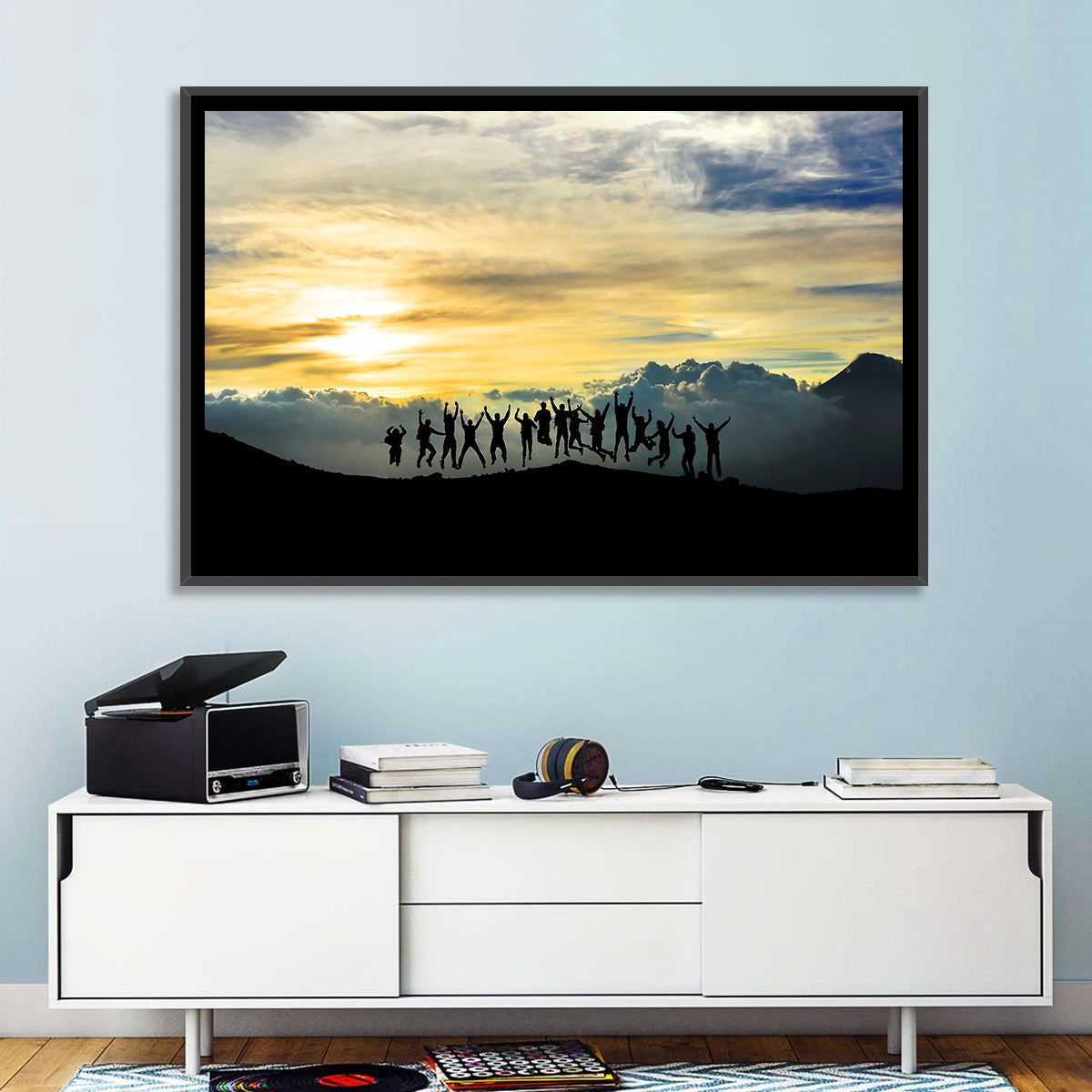 Golden Team Silhouettes at Sunset Wall Art in a room, landscape