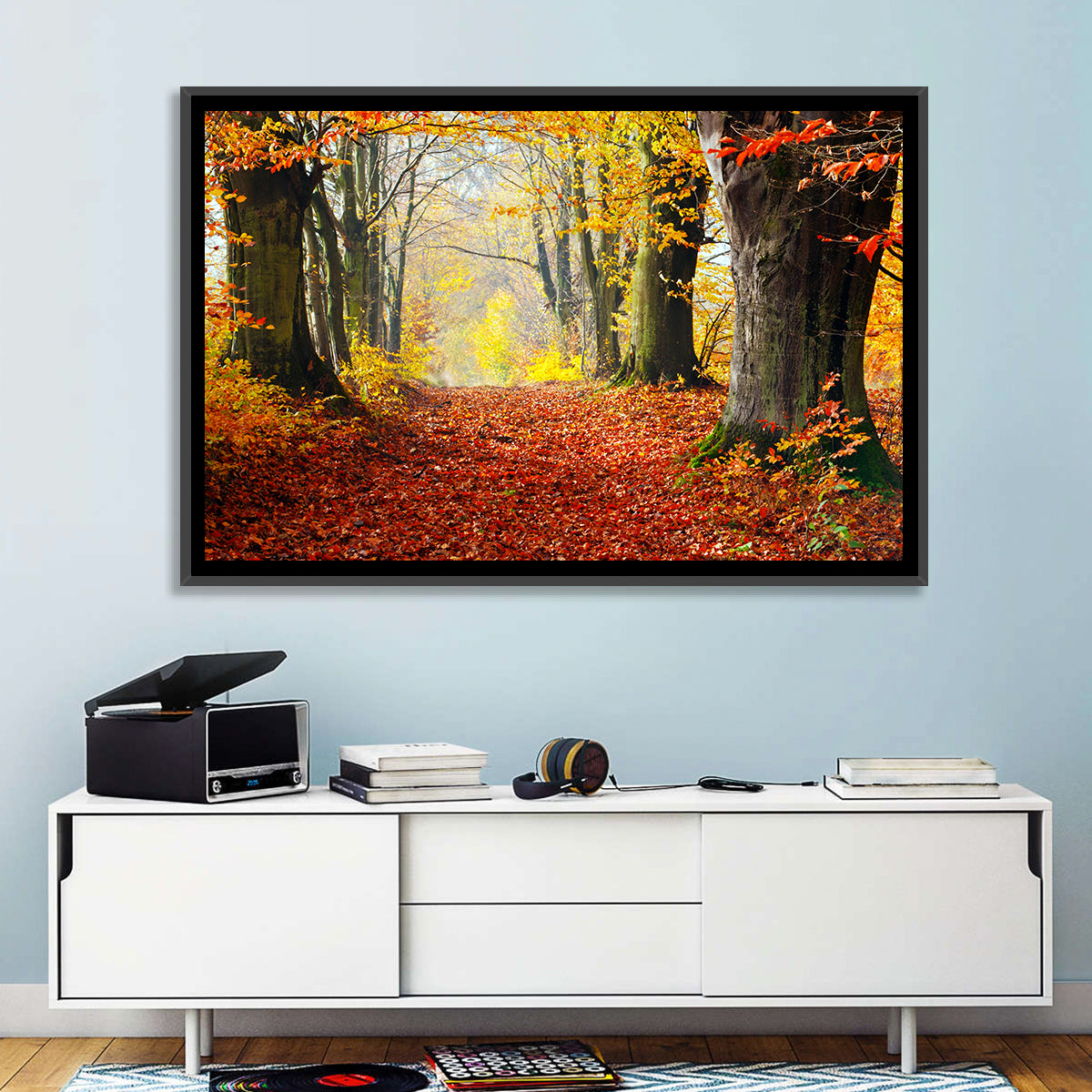 Misty Autumn Forest Path Wall Art in a room, landscape