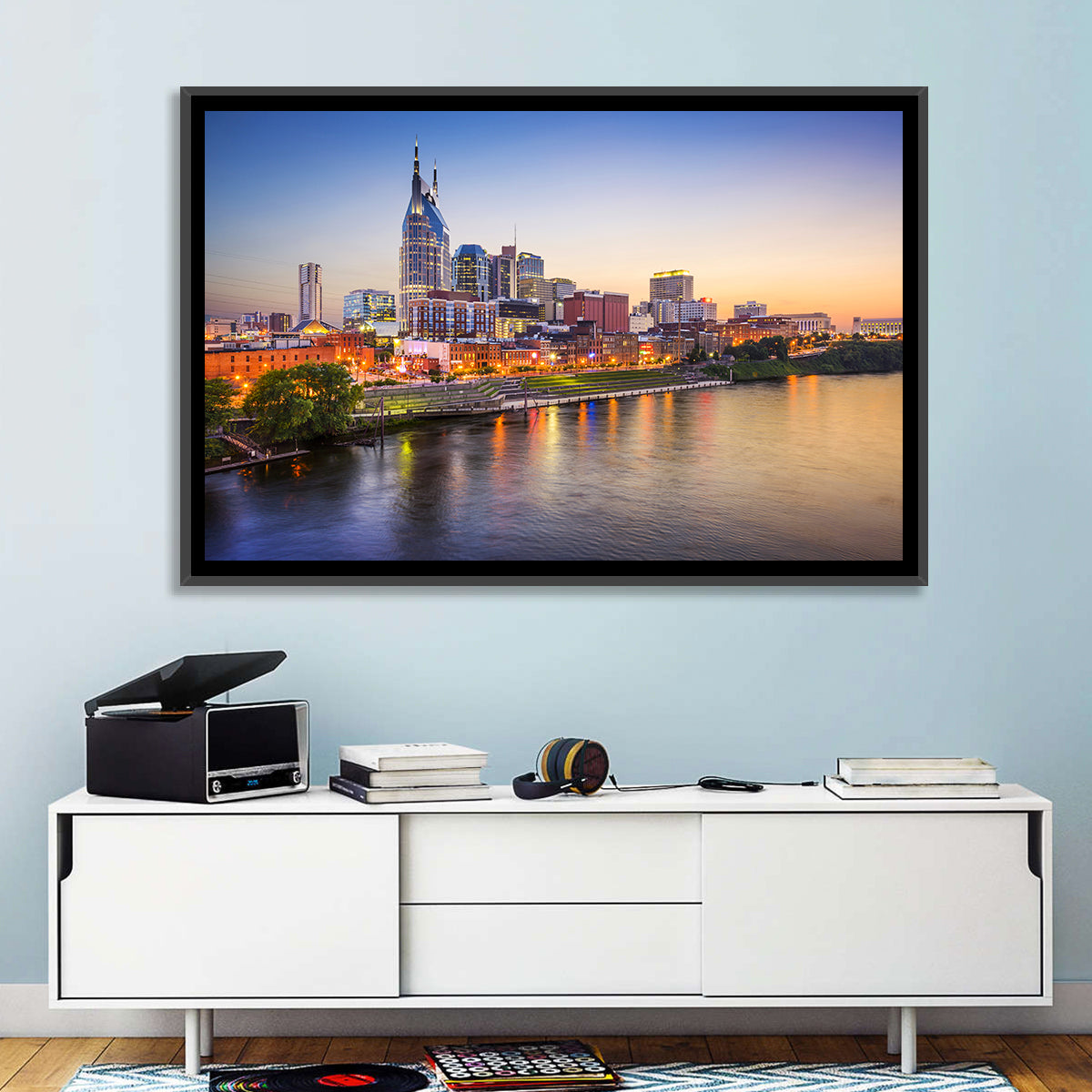 Nashville Skyline Over the Cumberland River Wall Art in a room, landscape