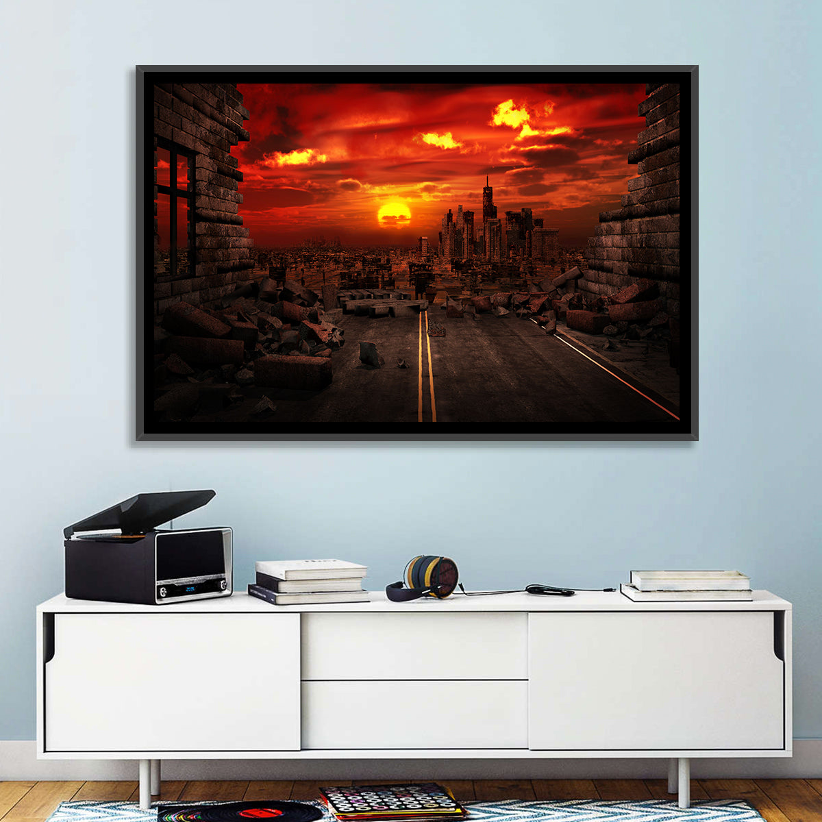Apocalyptic Sunset Wall Art in a room, landscape